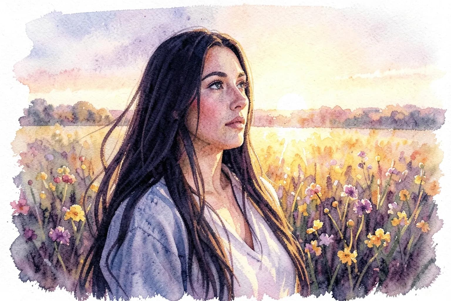 Mulher com cabelos longos e escuros olhando para o horizonte com uma expressão pensativa, em um campo com flores silvestres ao pôr do sol.