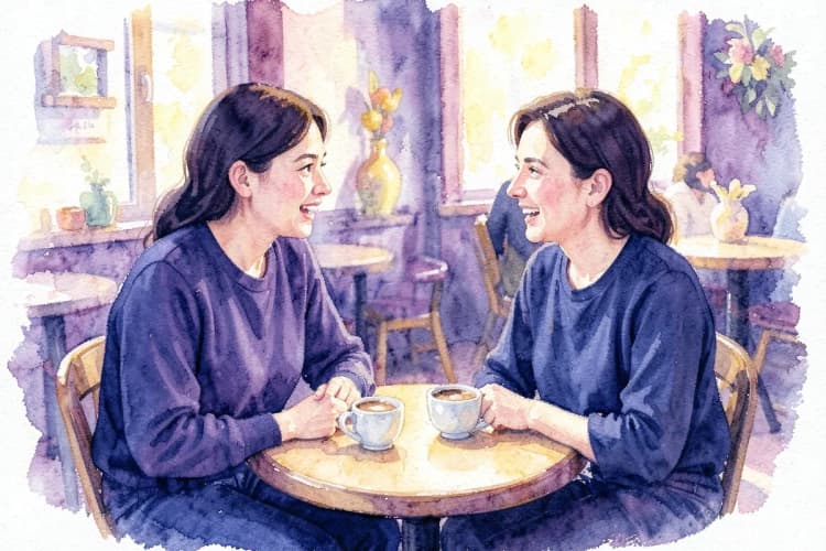 Duas pessoas conversando animadamente em um café, com xícaras de café na mesa.