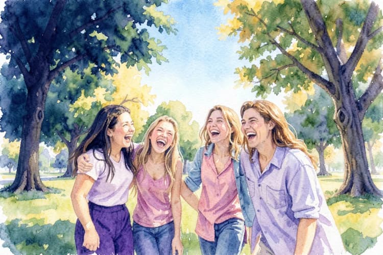 Um grupo de amigos rindo juntos em um parque ensolarado.