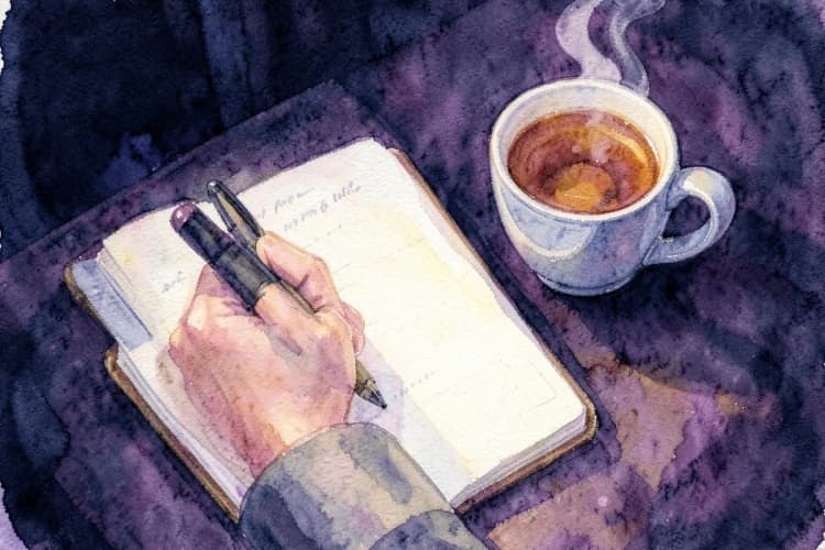 Uma pessoa escrevendo em um caderno com uma caneta, com uma xícara de chá ao lado.