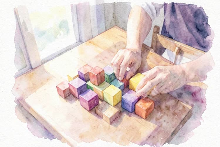 Uma pessoa organizando blocos de madeira coloridos em uma mesa.