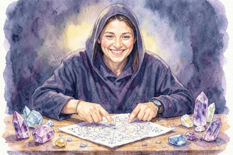 Uma astróloga sorrindo enquanto aponta para um mapa astral em uma mesa com cristais.