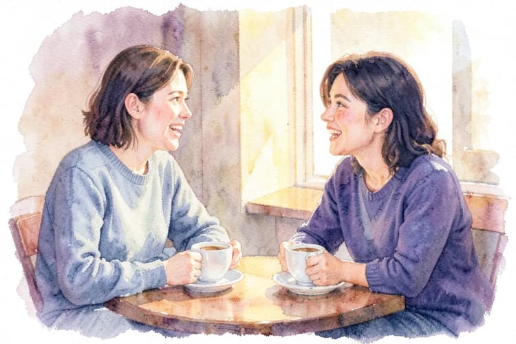 Duas pessoas sentadas em um café, conversando animadamente com xícaras de café na mesa.