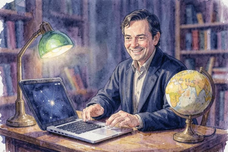 Uma astróloga sorrindo, sentada em uma mesa com um laptop e um globo terrestre.