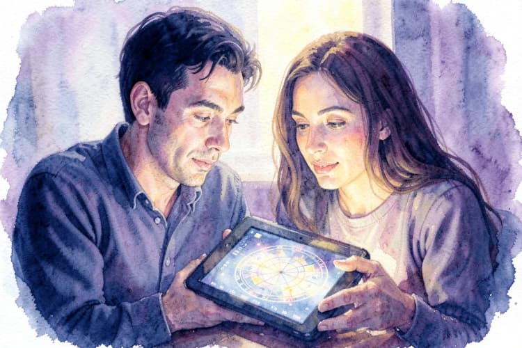 Um homem e uma mulher sentados lado a lado, olhando para um tablet que exibe um gráfico de astrologia.
