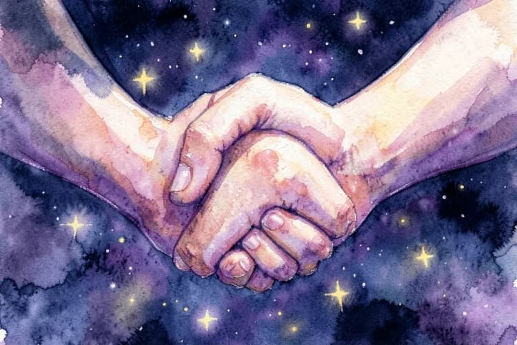 Duas mãos se entrelaçando sobre um fundo desfocado de um céu estrelado.