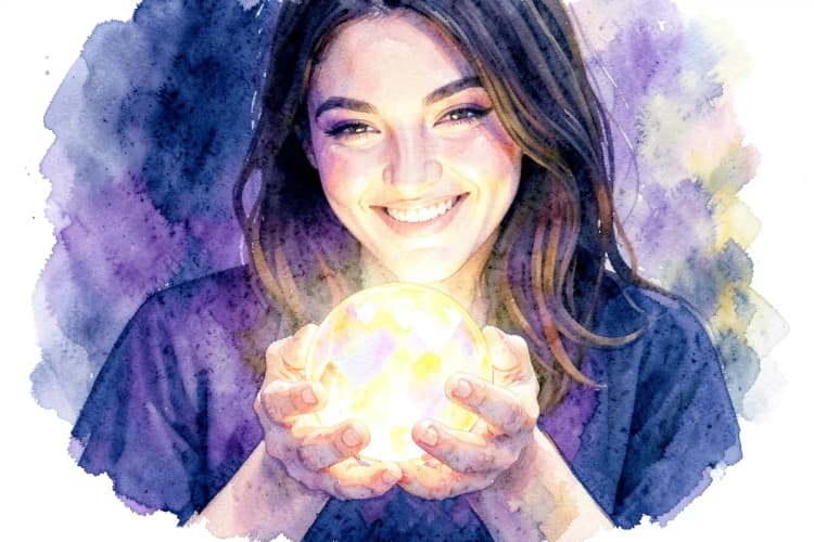 Uma mulher sorrindo e segurando um orbe de cristal brilhante em suas mãos.