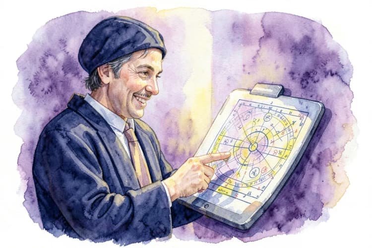 Uma astróloga sorrindo e apontando para um mapa astral em um tablet.