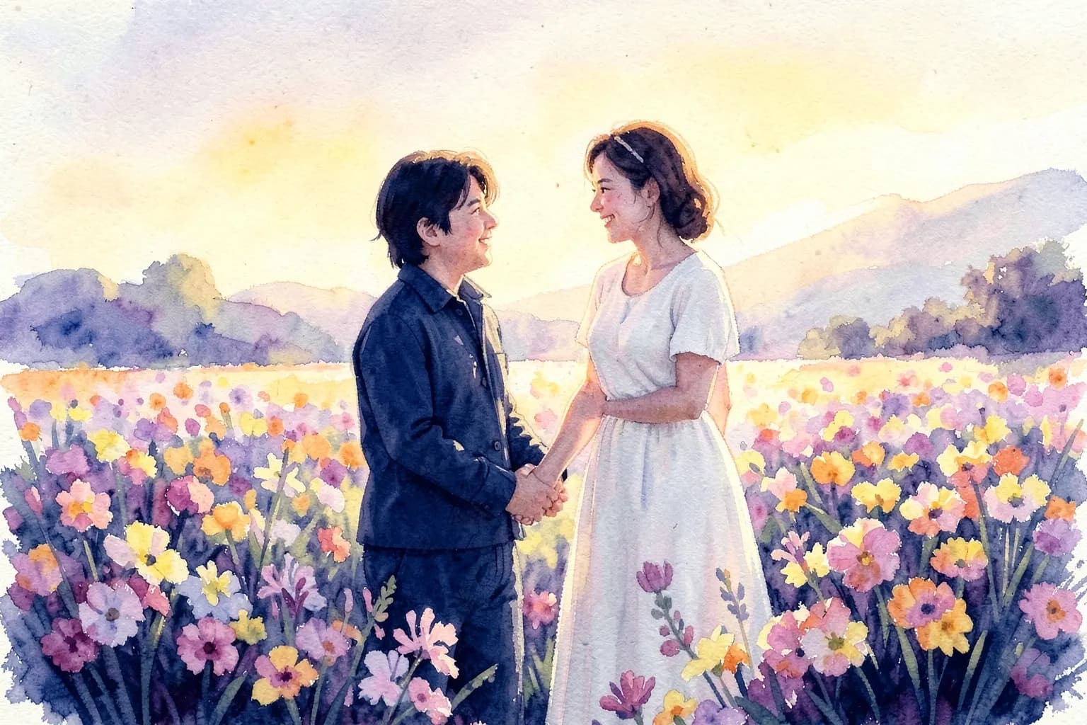 Um casal jovem sorrindo e de mãos dadas em um campo florido ao pôr do sol.