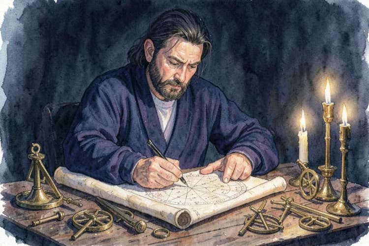 Um astrólogo desenhando um mapa astral em um pergaminho antigo, com instrumentos de medição ao lado.
