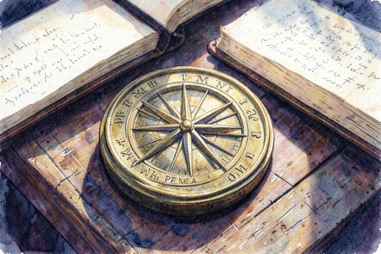 Close-up de um astrolábio detalhado sobre uma mesa de madeira com um livro aberto.