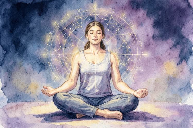 Pessoa meditando com um mapa astral flutuando em frente, simbolizando clareza e autoconhecimento.