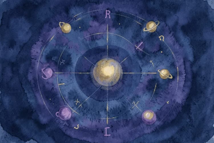 Gráfico de um mapa astral com planetas e signos destacados, em tons de azul e dourado.
