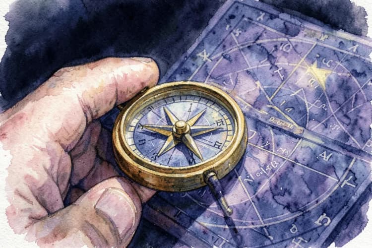Mão segurando uma bússola apontando para um mapa astral, indicando direção e escolhas.