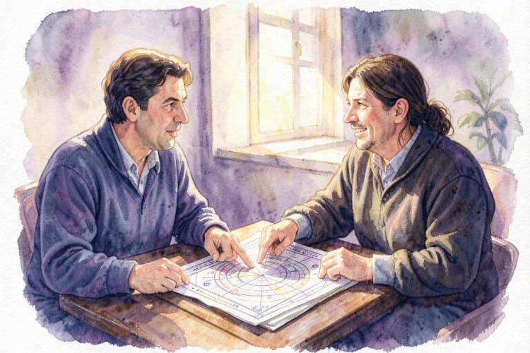 Duas pessoas conversando com um astrólogo que aponta para um mapa astral em uma mesa.