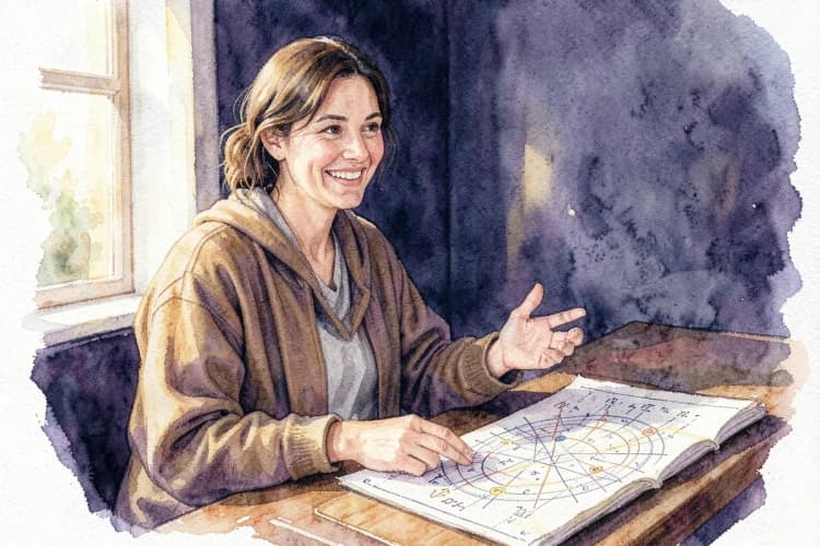 Astróloga sorrindo e gesticulando em direção a um mapa astral em sua mesa de trabalho.