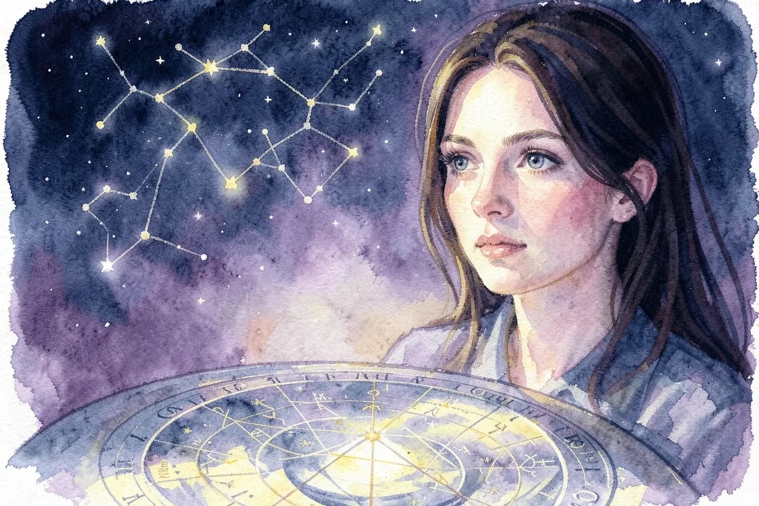 Mulher com olhar pensativo olhando para um céu estrelado com constelações, mapa astral no centro.