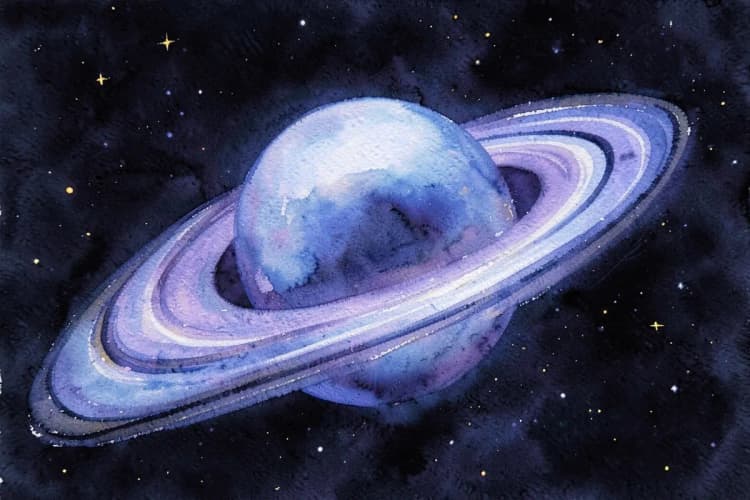 Um anel de Saturno estilizado com tons de azul e roxo, sobre um fundo escuro com estrelas.