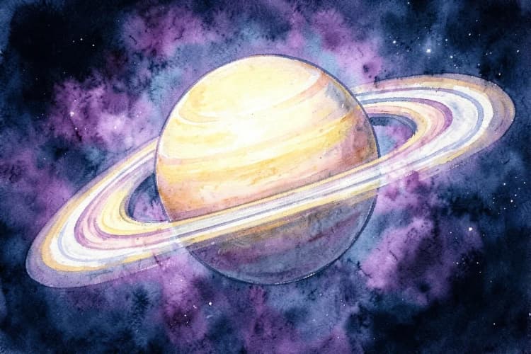Uma representação de Saturno com seus anéis proeminentes, em um fundo cósmico com nebulosas.