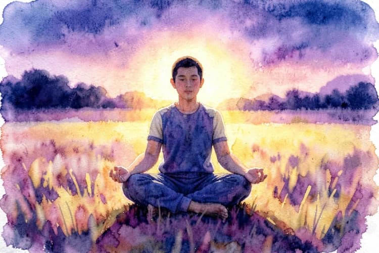 Uma pessoa sentada em posição de lótus em um campo aberto ao pôr do sol, com uma aura sutil ao redor.
