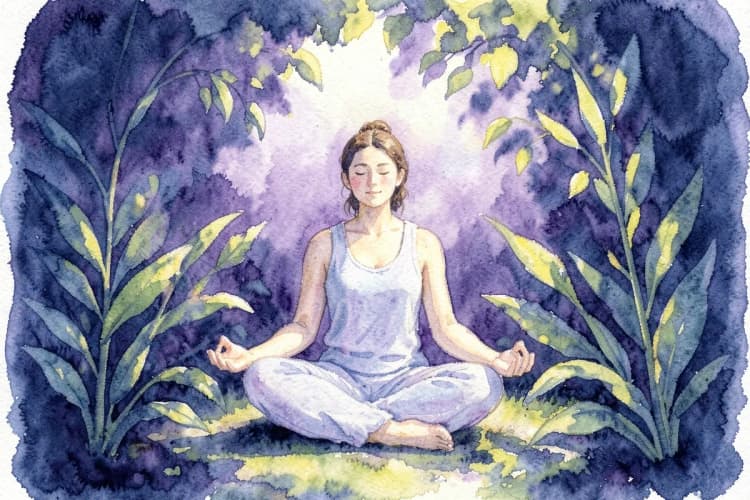 Uma pessoa meditando em um ambiente tranquilo com plantas e luz suave.
