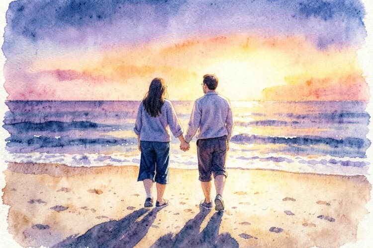 Um casal de mãos dadas caminhando em uma praia ao pôr do sol, com o mar ao fundo.
