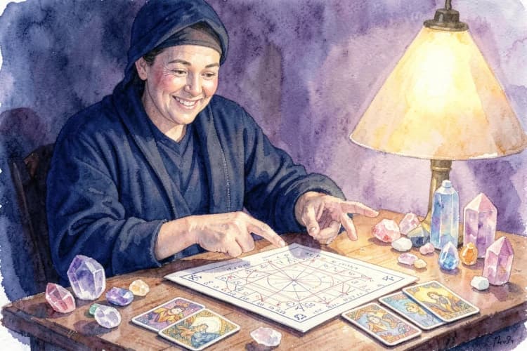 Uma astróloga sorrindo e apontando para um mapa astral em uma mesa com cristais e cartas de tarô.