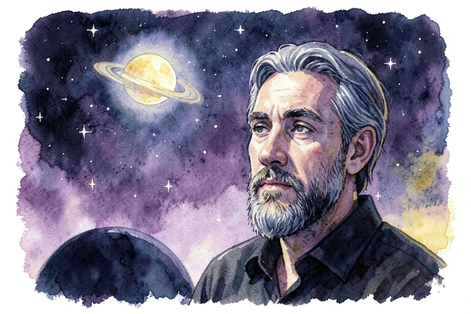 Um homem grisalho com barba olhando pensativamente para o céu noturno estrelado, com a silhueta de Saturno visível.