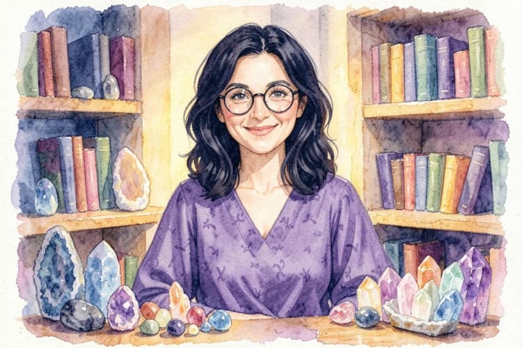Astróloga Clarissa Cavalcanti em seu consultório, rodeada de cristais e livros, com um sorriso acolhedor.
