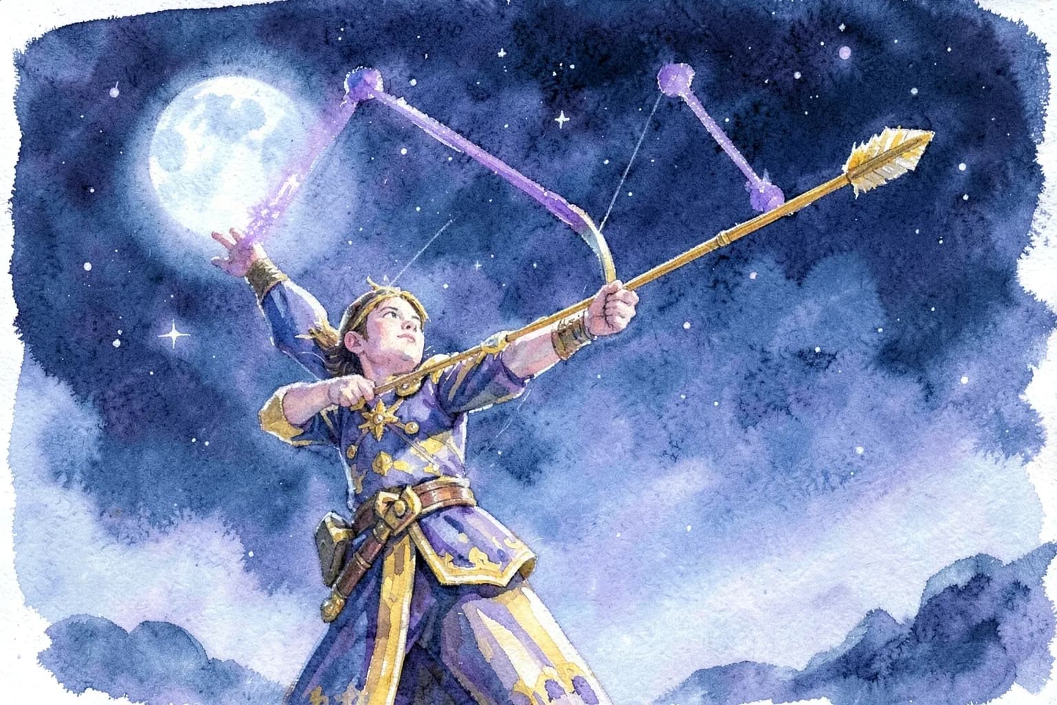 Um arqueiro sagitariano disparando uma flecha dourada para o céu estrelado, com a constelação de Sagitário visível.