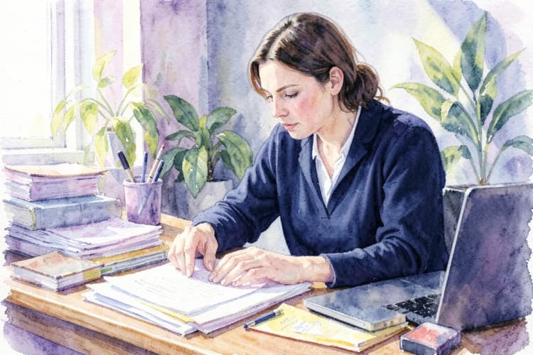 Uma mulher de virgem organizando papéis em uma mesa de escritório com plantas ao fundo