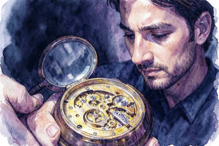 Um homem de virgem detalhista analisando um relógio antigo com uma lupa