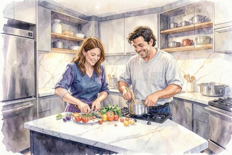 Um casal de virgem e touro cozinhando juntos em uma cozinha moderna e organizada