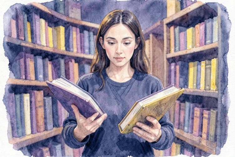 Uma mulher de virgem escolhendo entre duas opções de livros em uma estante de biblioteca