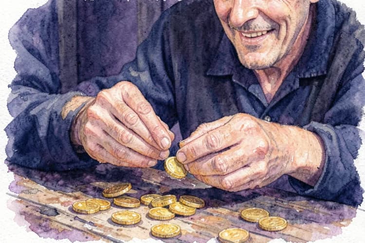 Um homem de virgem contando moedas de ouro com um sorriso satisfeito em um ambiente rústico