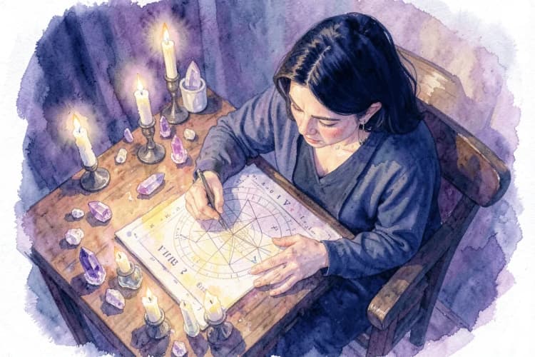 Uma astróloga de virgem analisando um mapa astral em uma mesa com cristais e velas