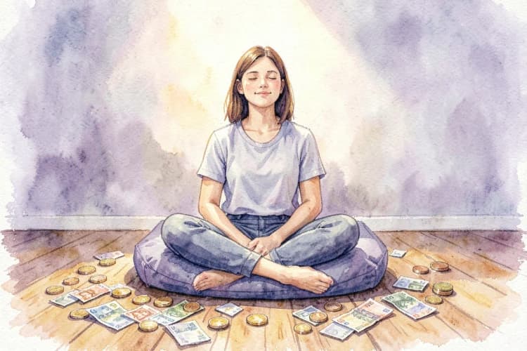 Pessoa meditando com moedas de dinheiro ao redor