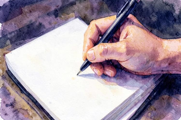 Mão escrevendo em um caderno com caneta