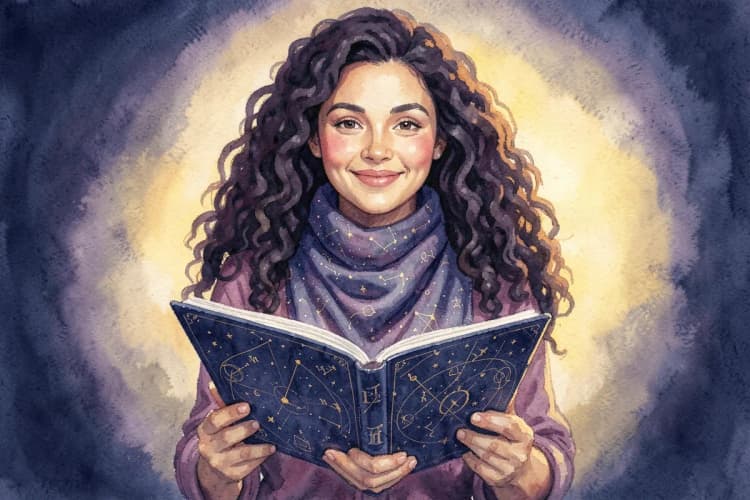 Mulher sorrindo e segurando um livro com símbolo de astrologia