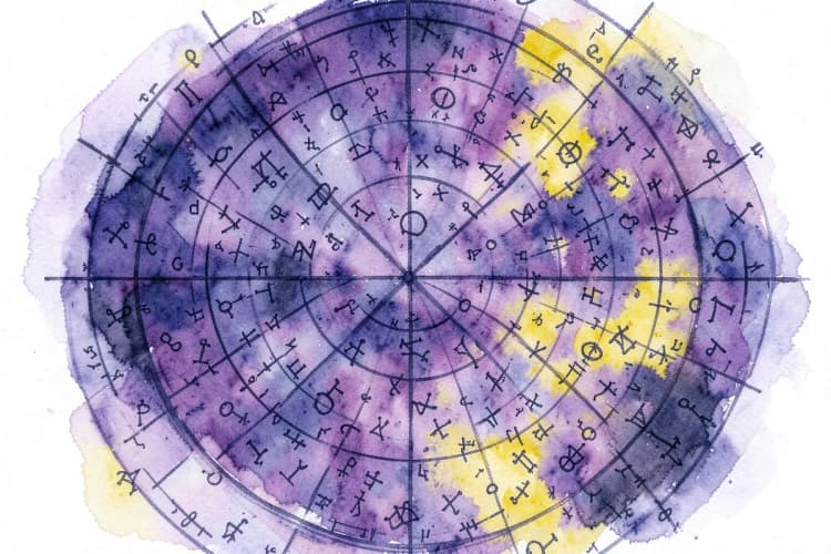 Um mapa astral com muitos símbolos e linhas confusas, sugerindo dificuldade de leitura.