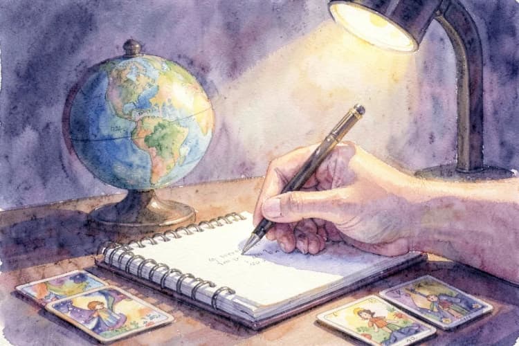 Uma mão escrevendo anotações em um caderno ao lado de um globo terrestre e cartas de tarô.