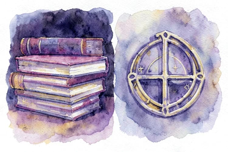 Uma balança com um lado pesado com livros e o outro com um símbolo de astrologia, simbolizando a necessidade de equilíbrio.