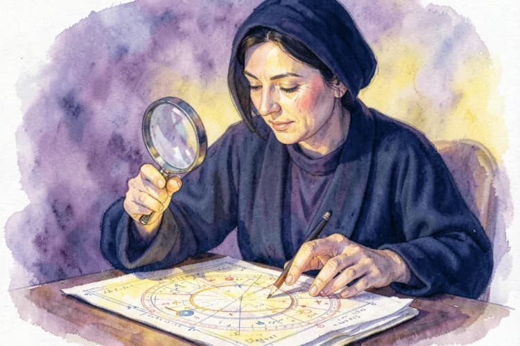 Uma astróloga experiente revisando um mapa astral com uma lupa, corrigindo anotações.