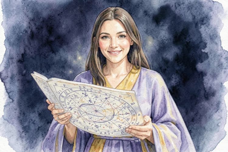 Uma astróloga sorrindo, oferecendo orientação com um mapa astral em suas mãos.