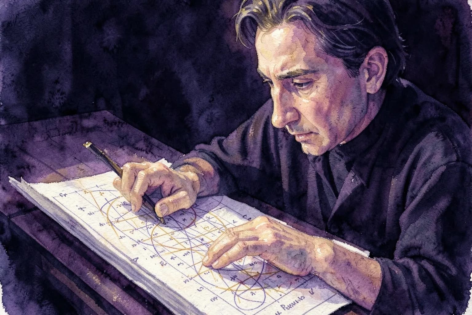 Um astrólogo pensativo olhando para um mapa astral complexo com símbolos sobrepostos, representando a dificuldade de interpretação.
