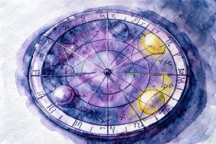 Um mapa astral com planetas e signos do zodíaco desenhados em um círculo, com linhas conectando diferentes pontos.