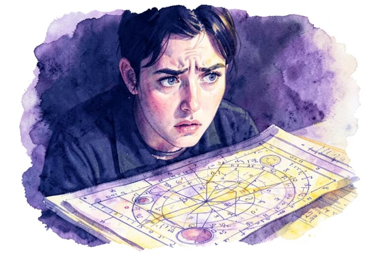 Uma pessoa com expressão confusa olhando para um mapa astral complexo, com alguns símbolos parecendo desafiadores.