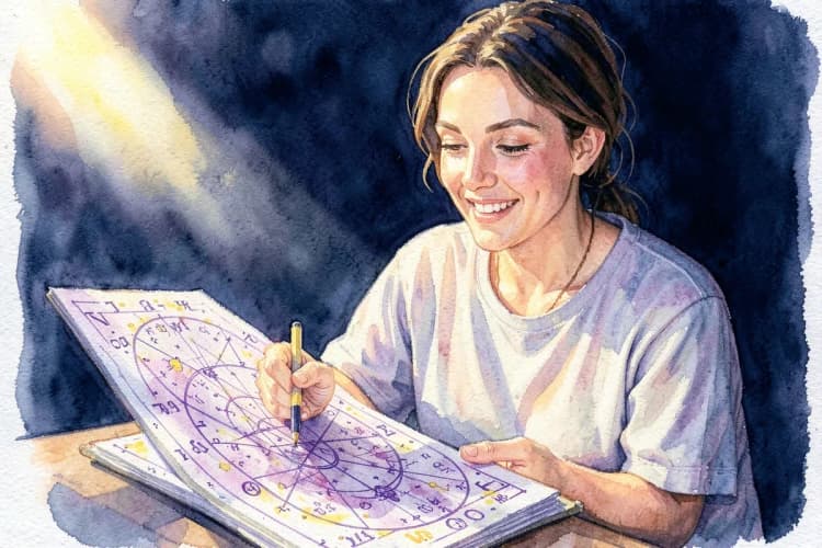 Uma pessoa usando um mapa astral para tomar uma decisão, com um sorriso de confiança no rosto.