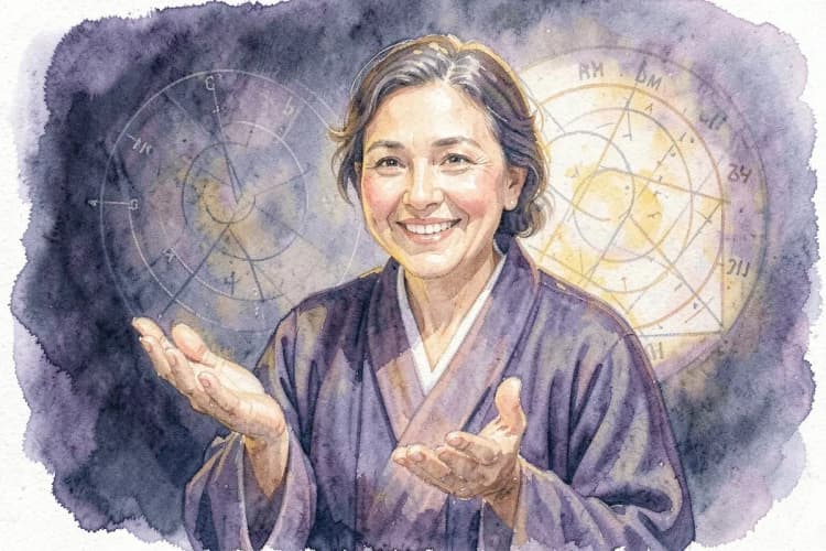 Uma astróloga sorrindo, com um mapa astral sutilmente visível ao fundo, oferecendo orientação.