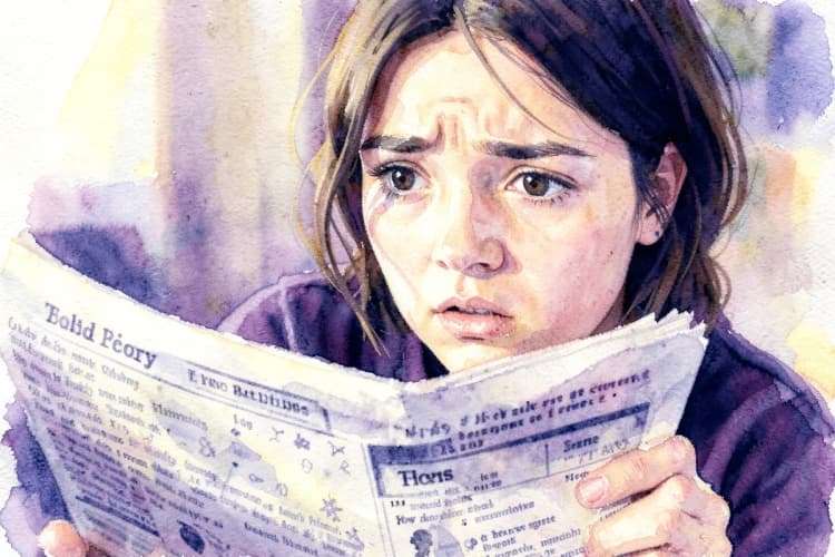 Pessoa confusa olhando para um horóscopo em jornal.